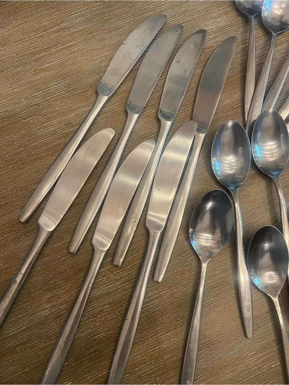 MCM style Stainless Steel Dinner Flatware Set -Silver Spoons & Knives 27 pieces